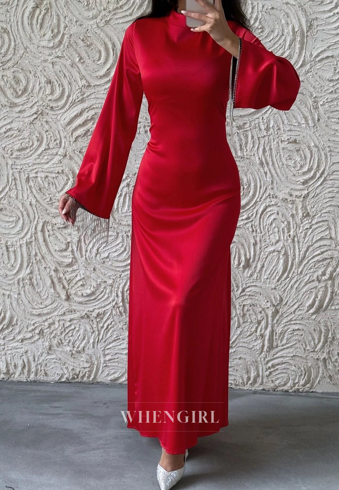 Column Simple High Neck Long Sleeves Tassels Ankle Length Evening Formal Dress