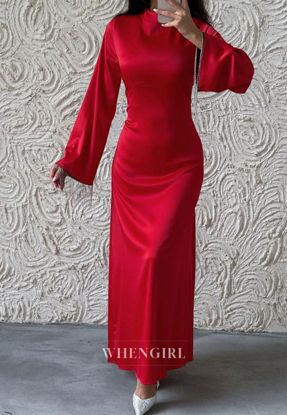 Column Simple High Neck Long Sleeves Tassels Ankle Length Evening Formal Dress