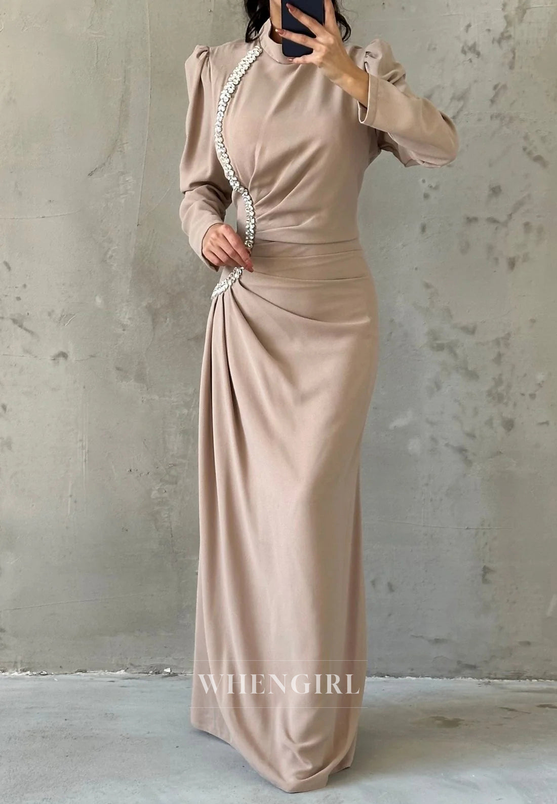 Column High Neck Long Sleeves Beaded Ruched Formal Evening Dress