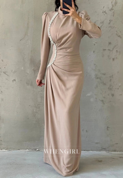 Column High Neck Long Sleeves Beaded Ruched Formal Evening Dress