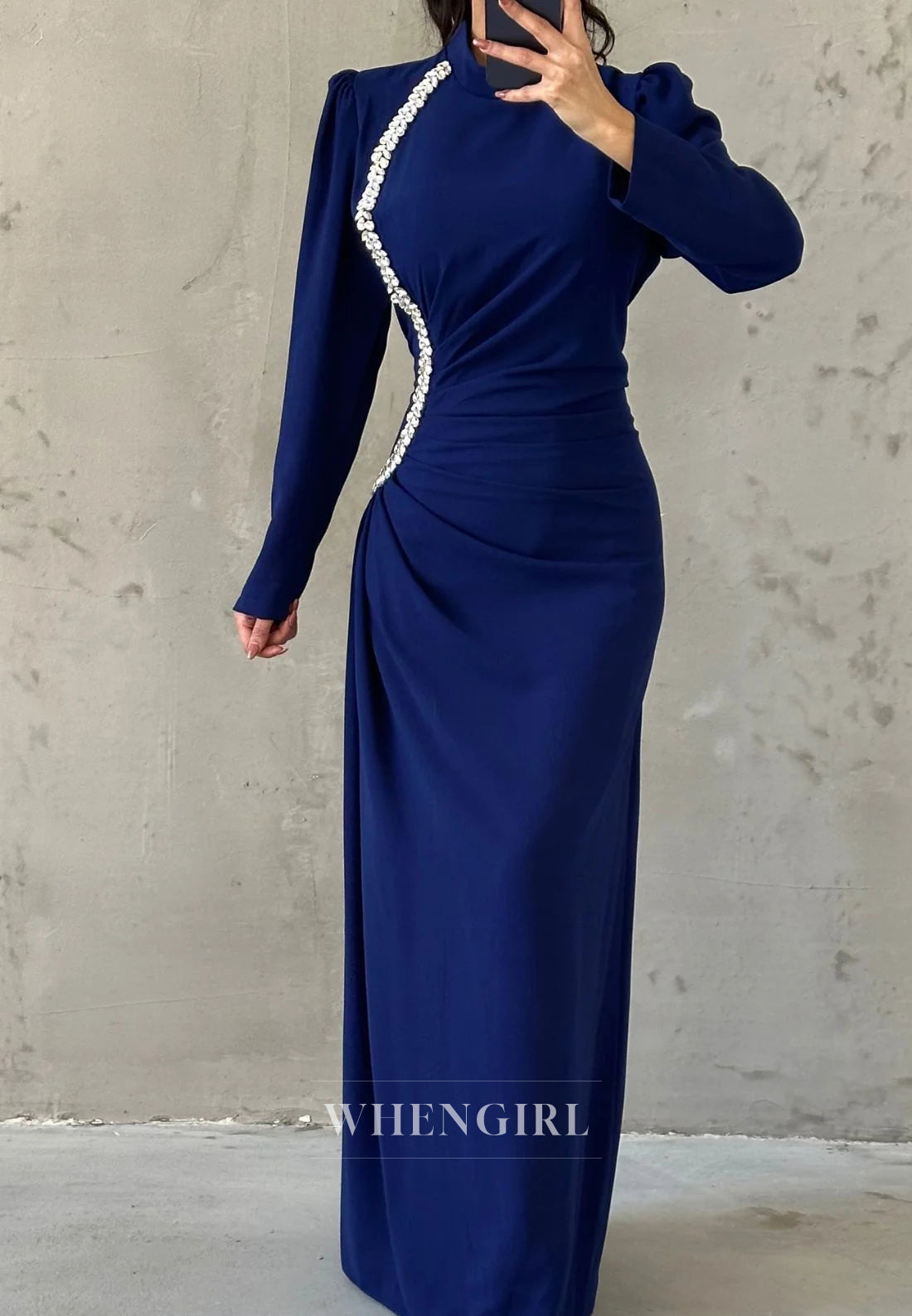 Column High Neck Long Sleeves Beaded Ruched Formal Evening Dress