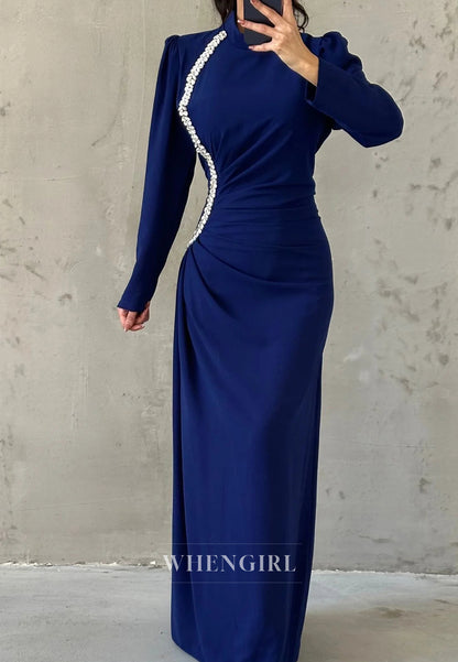 Column High Neck Long Sleeves Beaded Ruched Formal Evening Dress