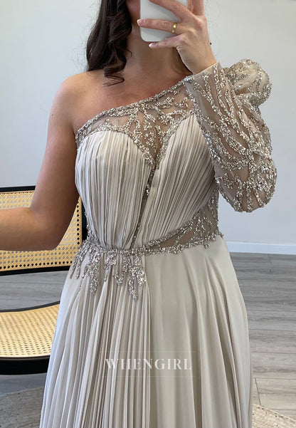 A-Line One Shoulder Beaded Evening Gown Long Sleeve Pleated Chiffon Formal Dress