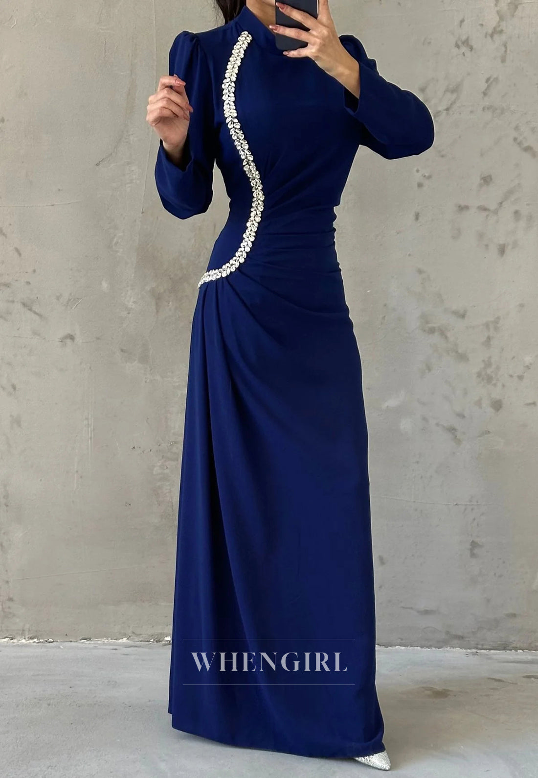 Column High Neck Long Sleeves Beaded Ruched Formal Evening Dress