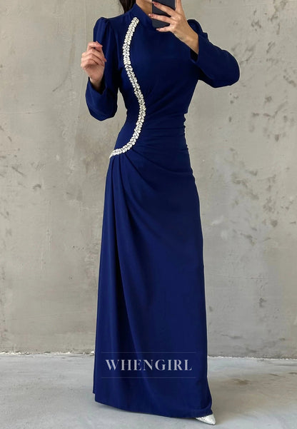 Column High Neck Long Sleeves Beaded Ruched Formal Evening Dress