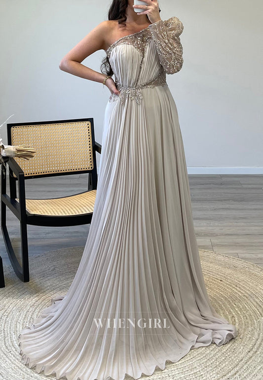 A-Line One Shoulder Beaded Evening Gown Long Sleeve Pleated Chiffon Formal Dress
