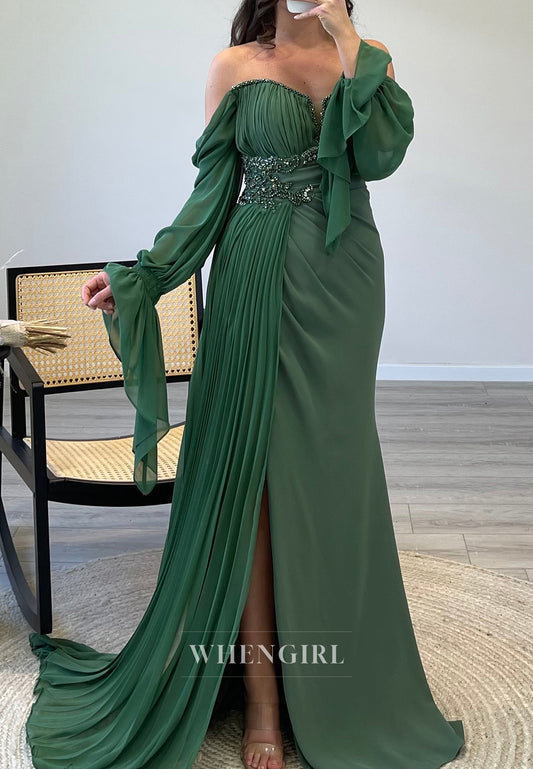 Sweetheart Long Sleeves Side Slit Beading Sweep Pleated Train Mermaid Evening Formal Gown