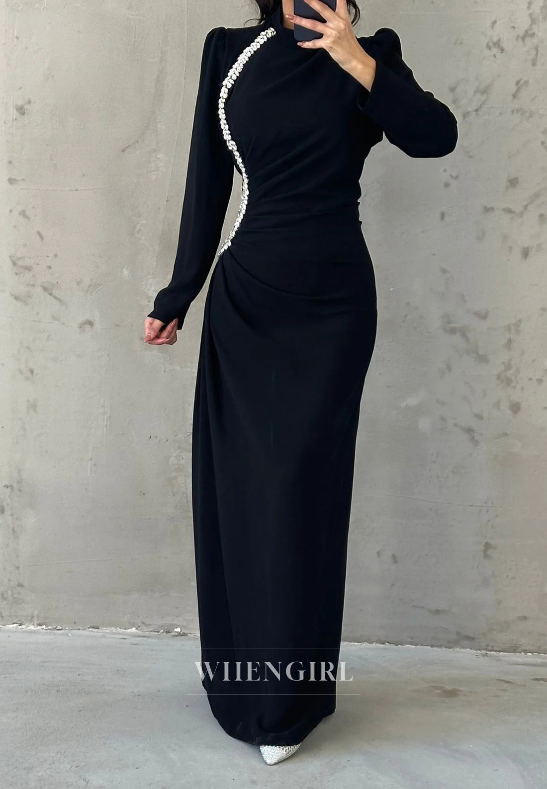 Column High Neck Long Sleeves Beaded Ruched Formal Evening Dress