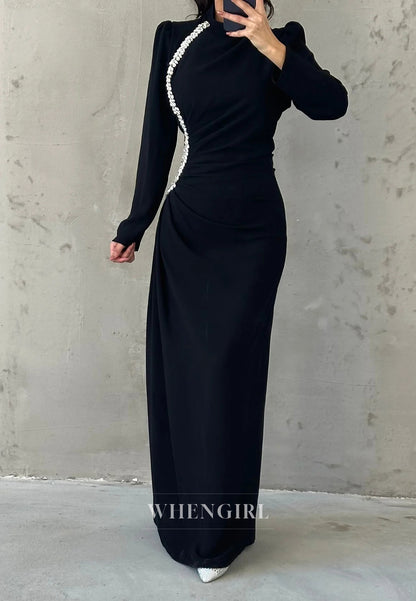 Column High Neck Long Sleeves Beaded Ruched Formal Evening Dress