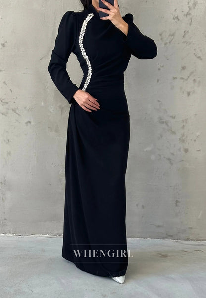 Column High Neck Long Sleeves Beaded Ruched Formal Evening Dress