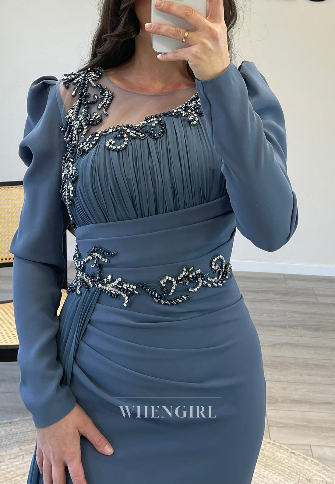 Twilight Illusion Neck Pleated Long Sleeves Beaded Side Train Formal Evening Dress