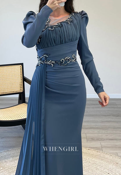 Twilight Illusion Neck Pleated Long Sleeves Beaded Side Train Formal Evening Dress