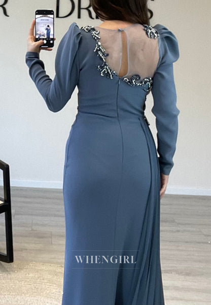 Twilight Illusion Neck Pleated Long Sleeves Beaded Side Train Formal Evening Dress