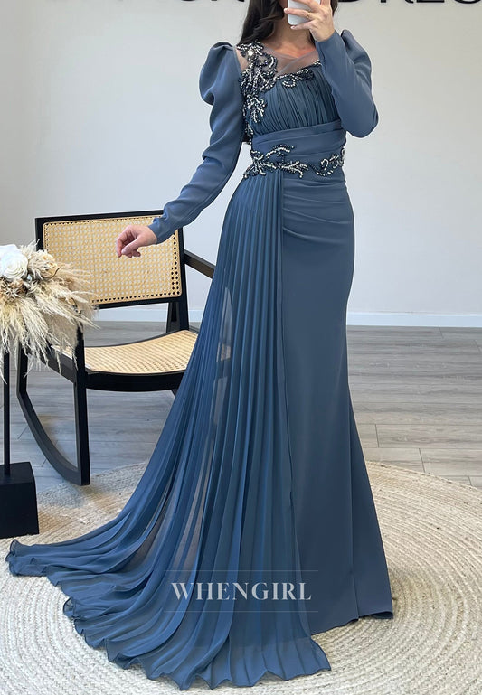 Twilight Illusion Neck Pleated Long Sleeves Beaded Side Train Formal Evening Dress