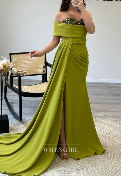 Beaded Sweetheart Romantic Side Slit Mermaid Formal Evening Gown with Train