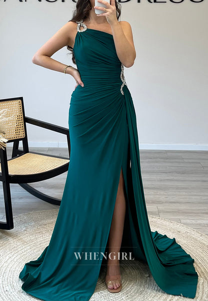Mermaid Rhinestone One Shoulder Side Waist Cut Out Side Slit Evening Formal Dress