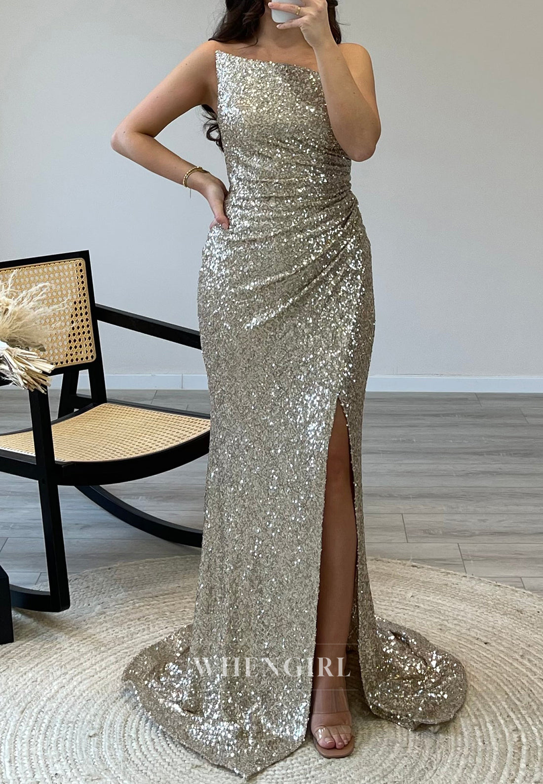 Sleeveless Asymmertrical Sequin Mermaid Evening Gown Off Shoulder Side Slit Formal Dress