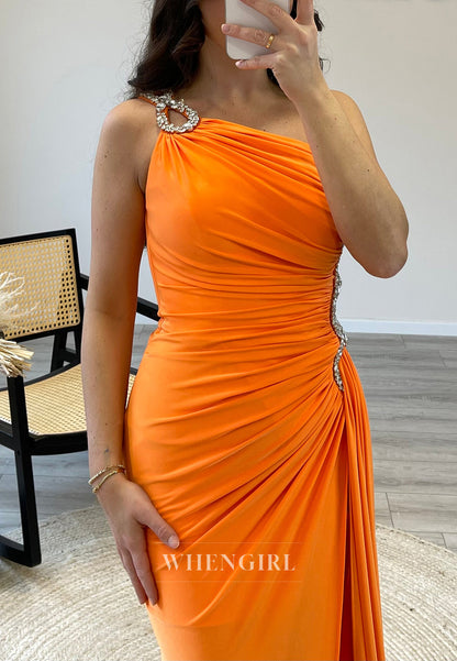 Mermaid Rhinestone One Shoulder Side Waist Cut Out Side Slit Evening Formal Dress