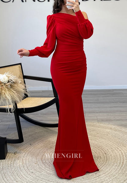 One Shoulder Long Sleeves Pleated Floor Length Chiffon Mermaid Evening Formal Gown