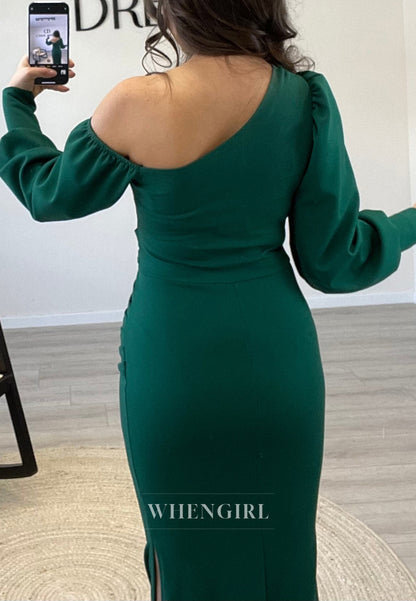 One Shoulder Long Sleeves Pleated Mermaid Evening Gown Simple Floor Length Formal Dress