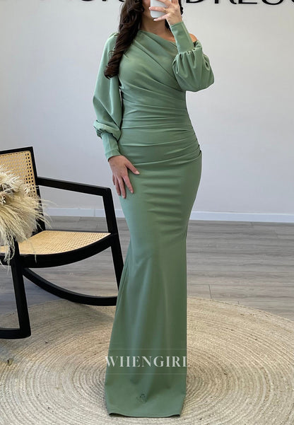 One Shoulder Long Sleeves Pleated Floor Length Chiffon Mermaid Evening Formal Gown