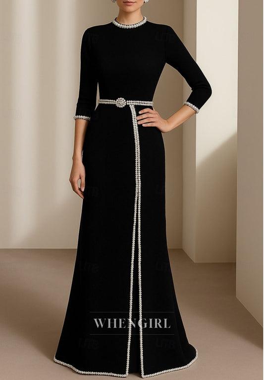 Trumpet 3/4 Sleeves Bateau Neck Beaded Slit Mother of the Bride Dress