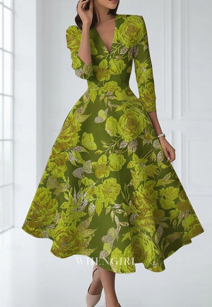 A-Line Tea Length Cocktail Dresses Elegant V Neck Mother of the Bride Dress