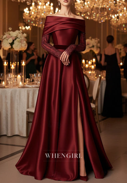 Off Shoulder Long Sleeves Slit Satin Mother of the Bride Dress