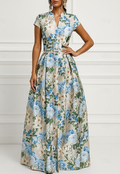 A-Line Floor Length Evening Gown Elegant Vintage Short Sleeve V Neck Mother of the Bride Dress