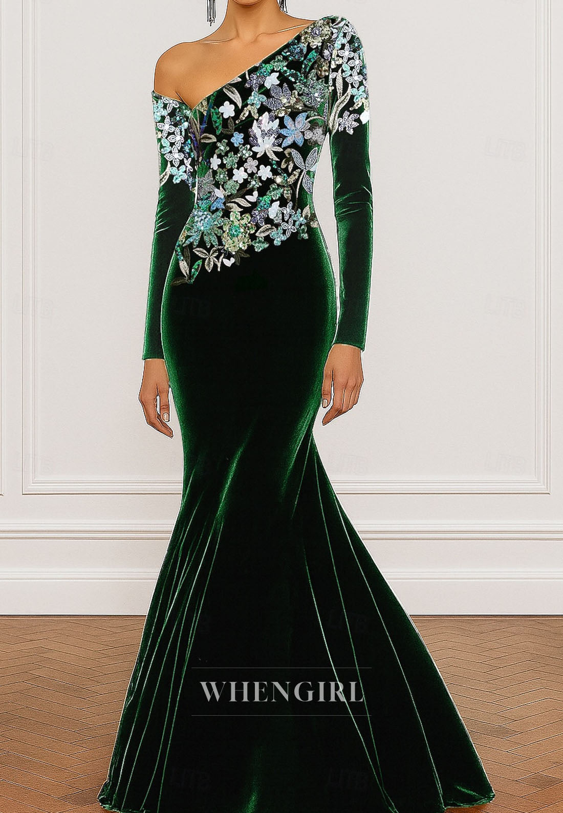 Mermaid Floor Length Long Sleeves Asymmetrical Neck Floral Mother of the Bride Dress Evening Gown