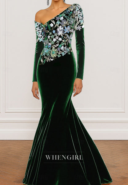 Mermaid Floor Length Long Sleeves Asymmetrical Neck Floral Mother of the Bride Dress Evening Gown