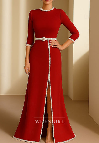 Trumpet 3/4 Sleeves Bateau Neck Beaded Slit Mother of the Bride Dress