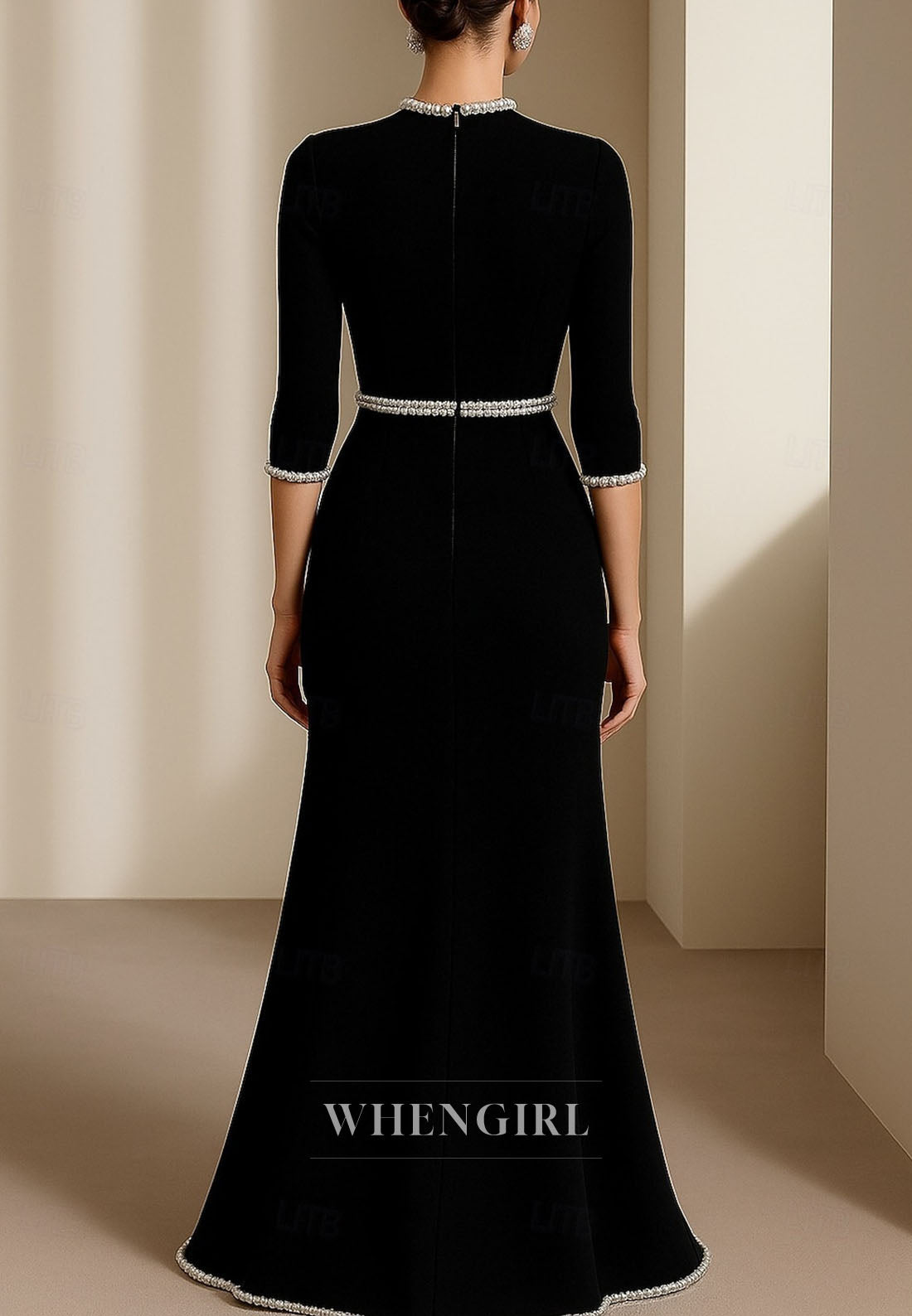 Trumpet 3/4 Sleeves Bateau Neck Beaded Slit Mother of the Bride Dress