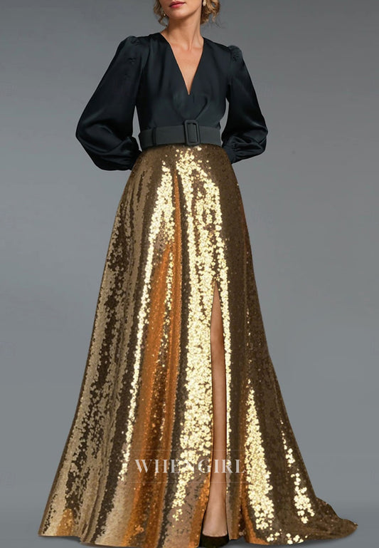 Long Sleeves V Neck Belt A-Line Sequin Beaded Mother of the Bride Dress
