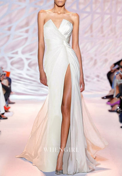 Mermaid V Neck Sleeveless High Slit Mother of the Bride Dress Evening Gown