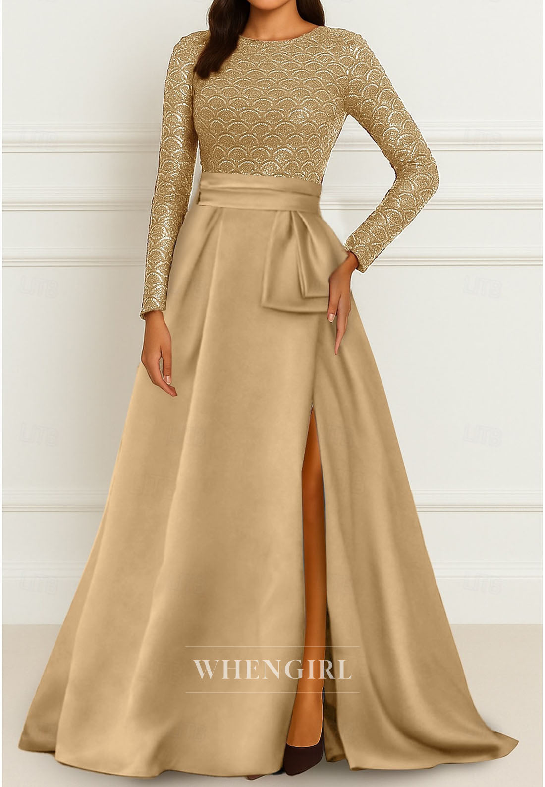 A-Line Bateau Neck Long Sleeves Side Slit Back Zipper Mother of the Bride Dress Evening Dress
