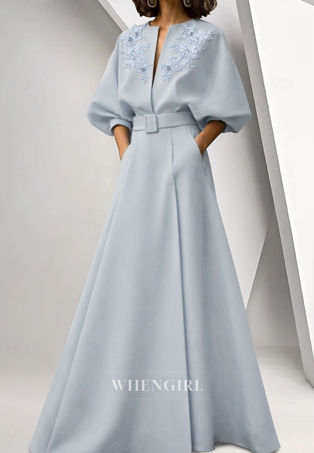 A-Line Puff Sleeves Embroidery Mother of the Bride Dress with Pockets