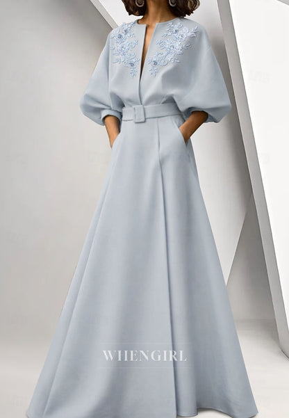 A-Line Puff Sleeves Embroidery Mother of the Bride Dress with Pockets