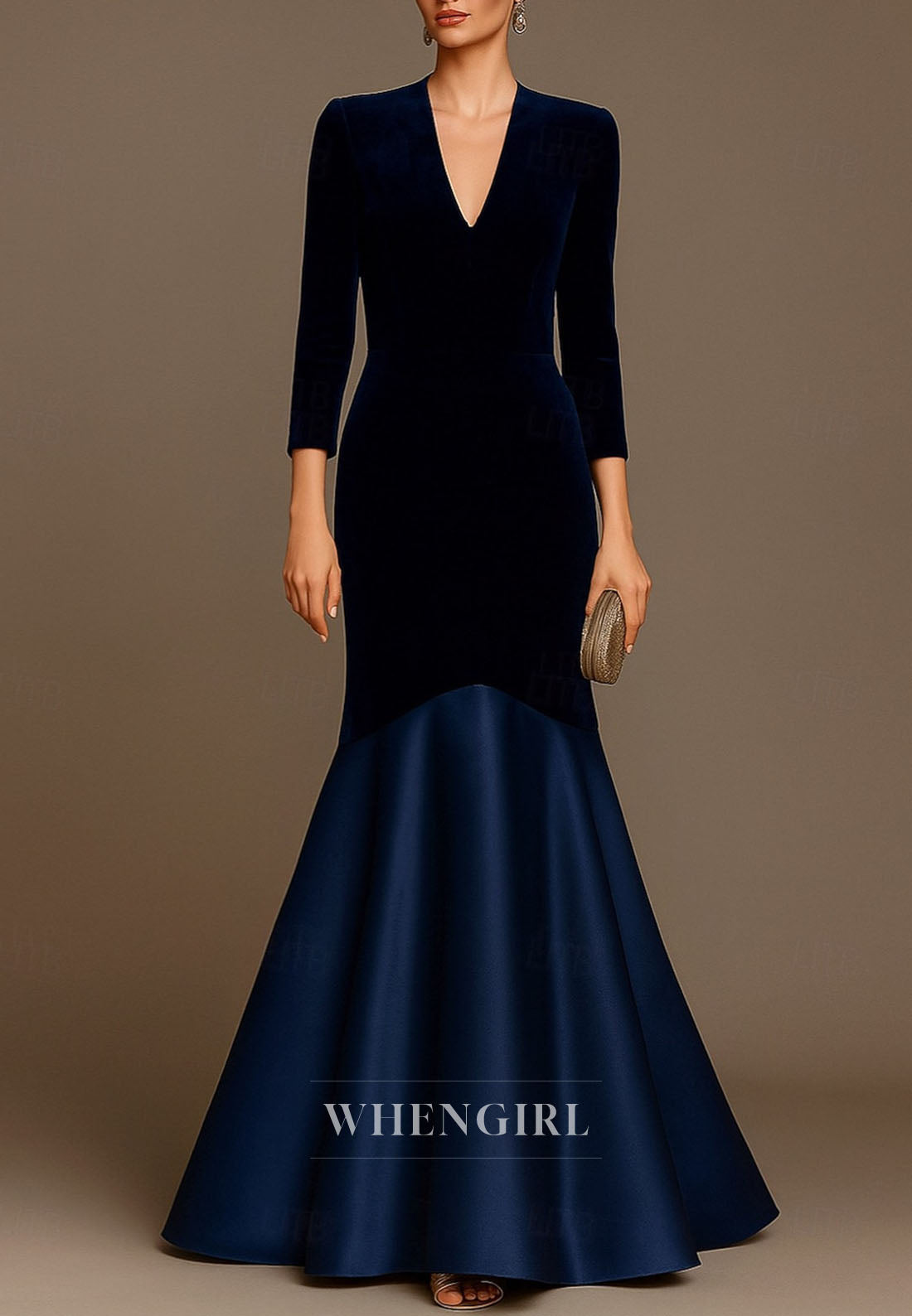 Mermaid V Neck 3/4 Sleeves Back Zipper Mother of the Bride Dress