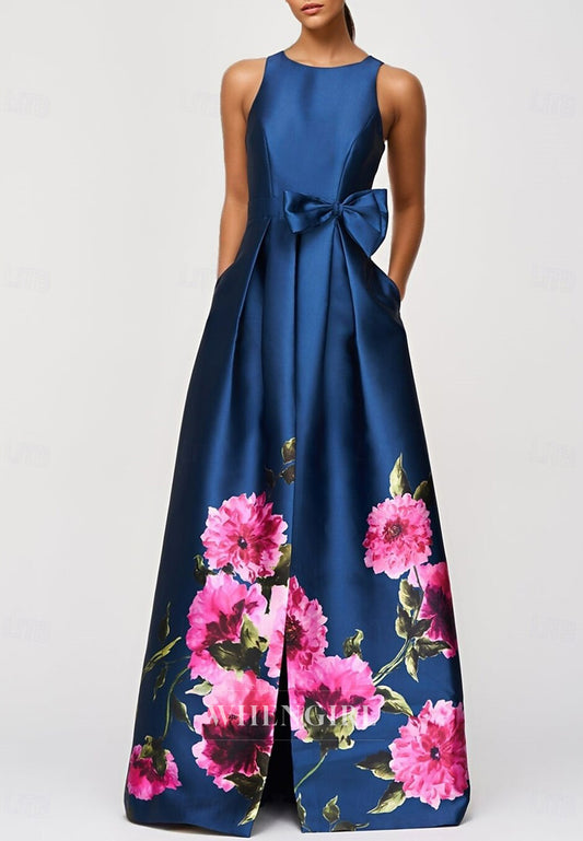 Navy Floral Bateau Neck Sleeveless Bowknot Mother of the Bride Dress