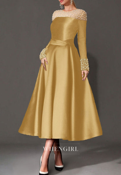 A-Line Satin Bateau Neck Long Sleeves Beaded Tea Length Mother of the Bride Dress