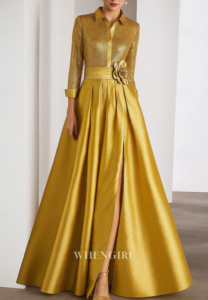 A-Line 3/4 Sleeveless Side Slit Pleats Flower Long Mother of the Bride Dress