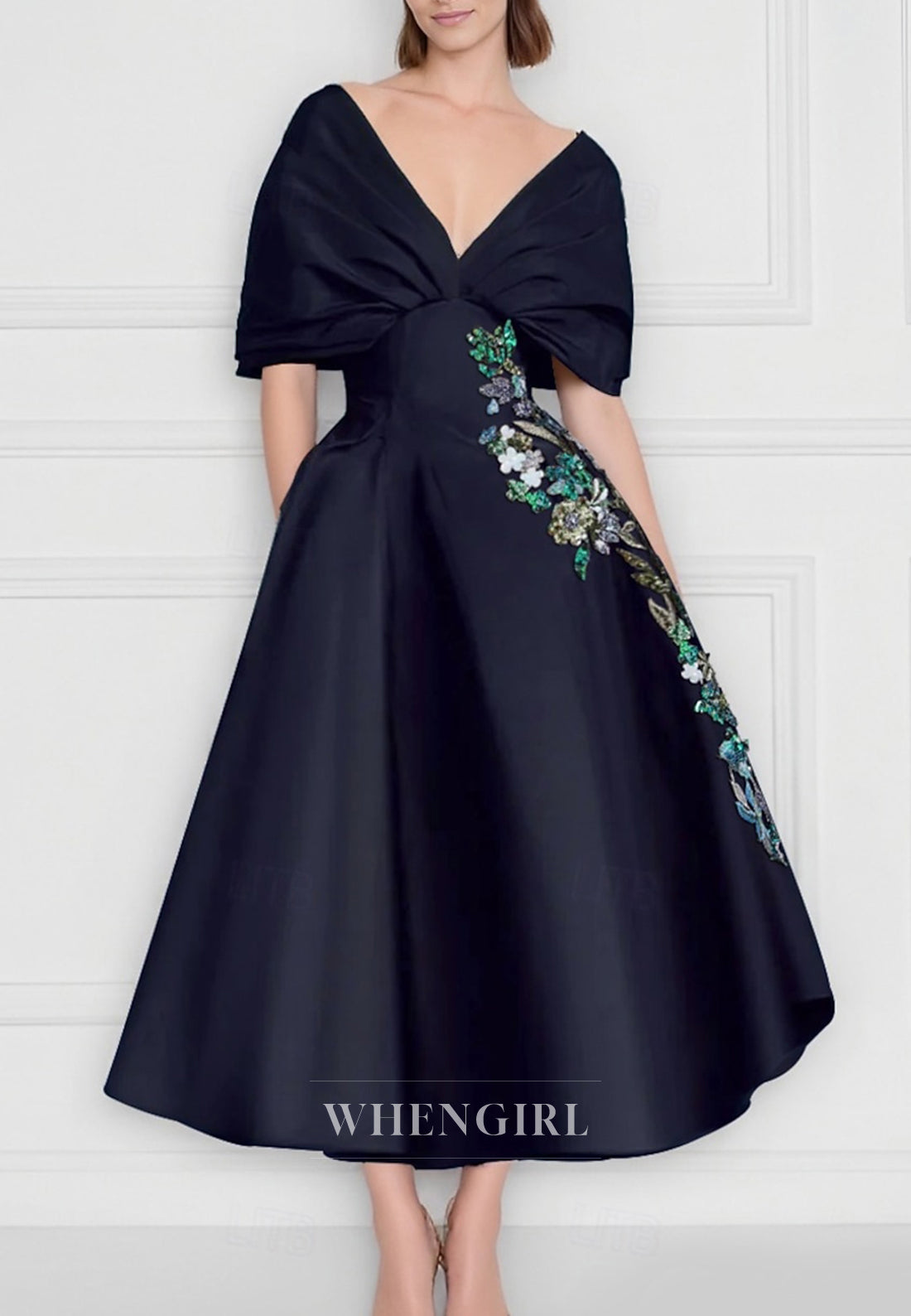 A-Line V Neck Short Sleeves Embrotdery Pleated Mother of the Bride Dress