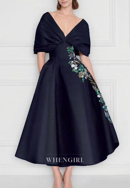 A-Line V Neck Short Sleeves Embrotdery Pleated Mother of the Bride Dress