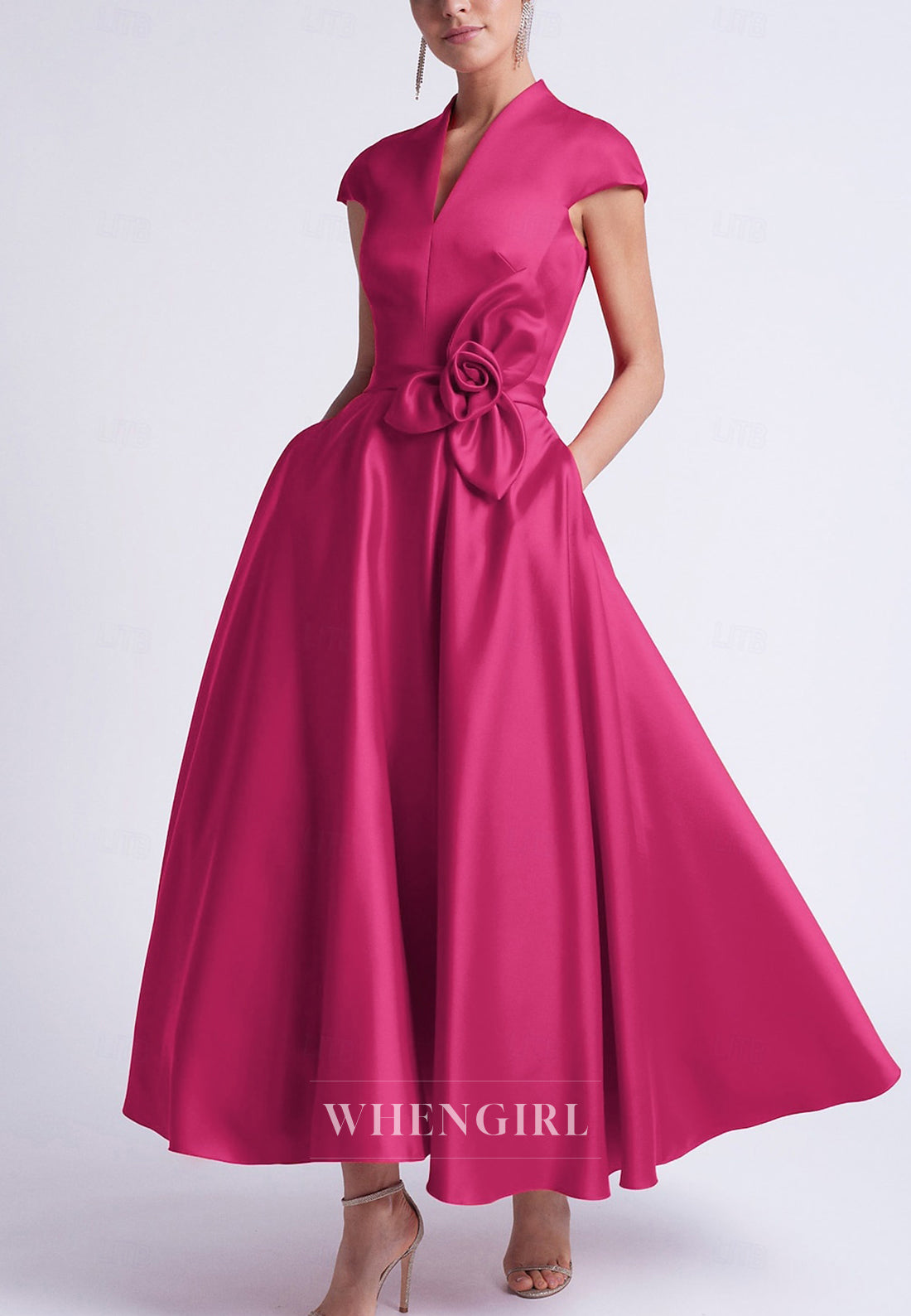 A-Line Flower Cap Sleeves V Neck Back Zipper Mother of the Bride Dress