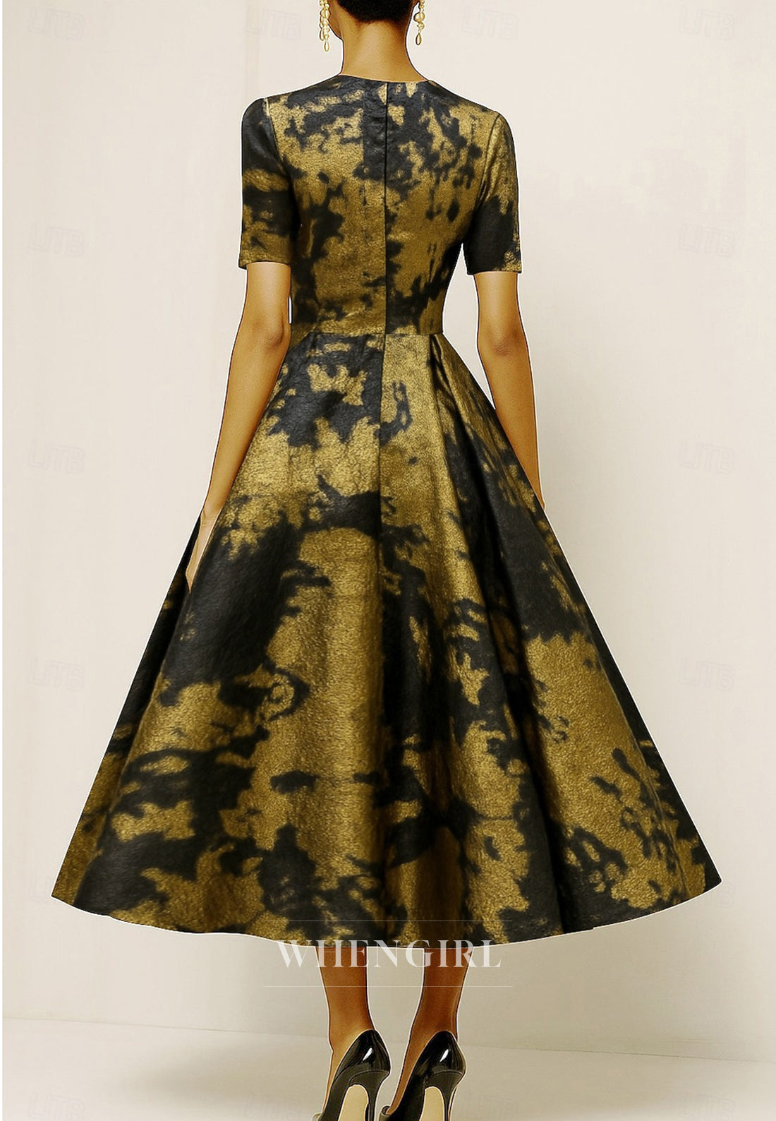 A-Line Bateau Neck Short Sleeves Flower Back Zipper Tea Length Mother of the Bride Dress