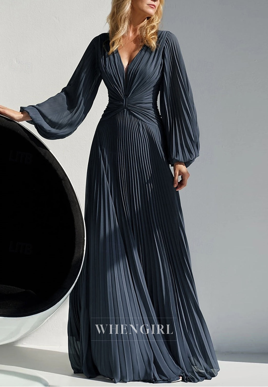 A-Line Pleated Long Sleeves Back Zipper Mother of the Bride Dress