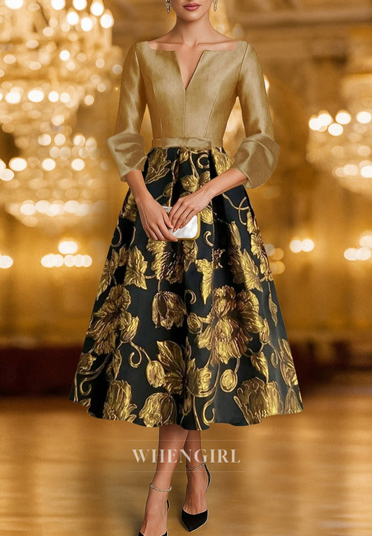 Floral A-Line V Neck 3/4 Sleeves Back Zipper Mother of the Bride Dress