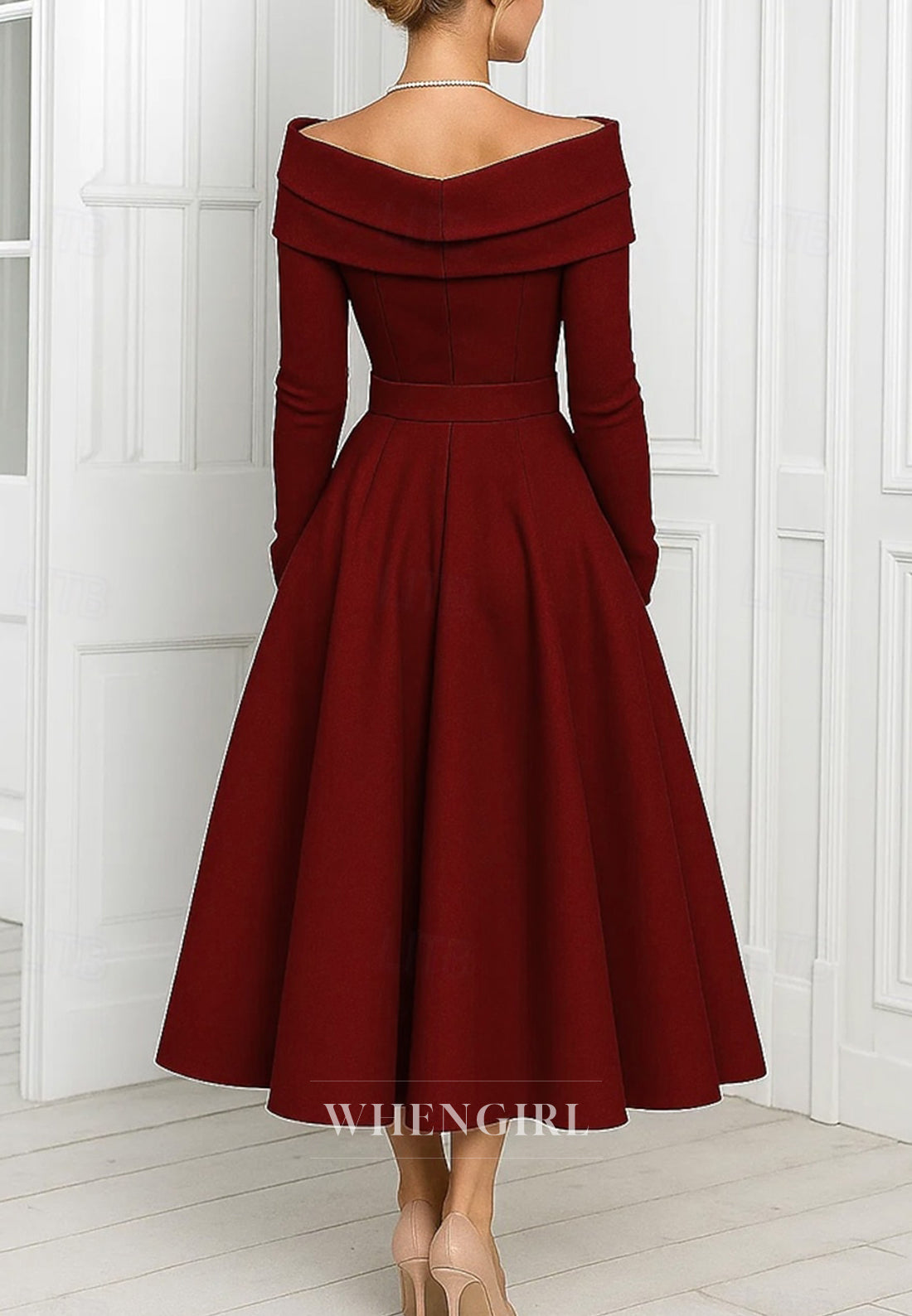 A-Line Long Sleeves Tea Length Pleated Mother of the Bride Dress