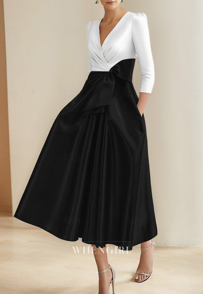 A-Line Pleated V Neck 3/4 Sleeves Tea Length Mother of the Bride Dress